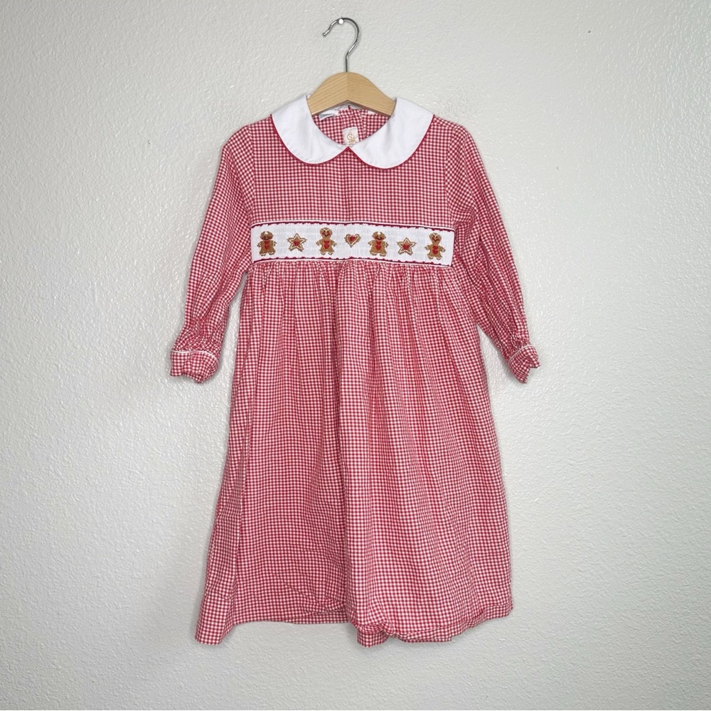 Anavini Collared Gingham Smocked/Embroidered Gingerbread Christmas Red Dress